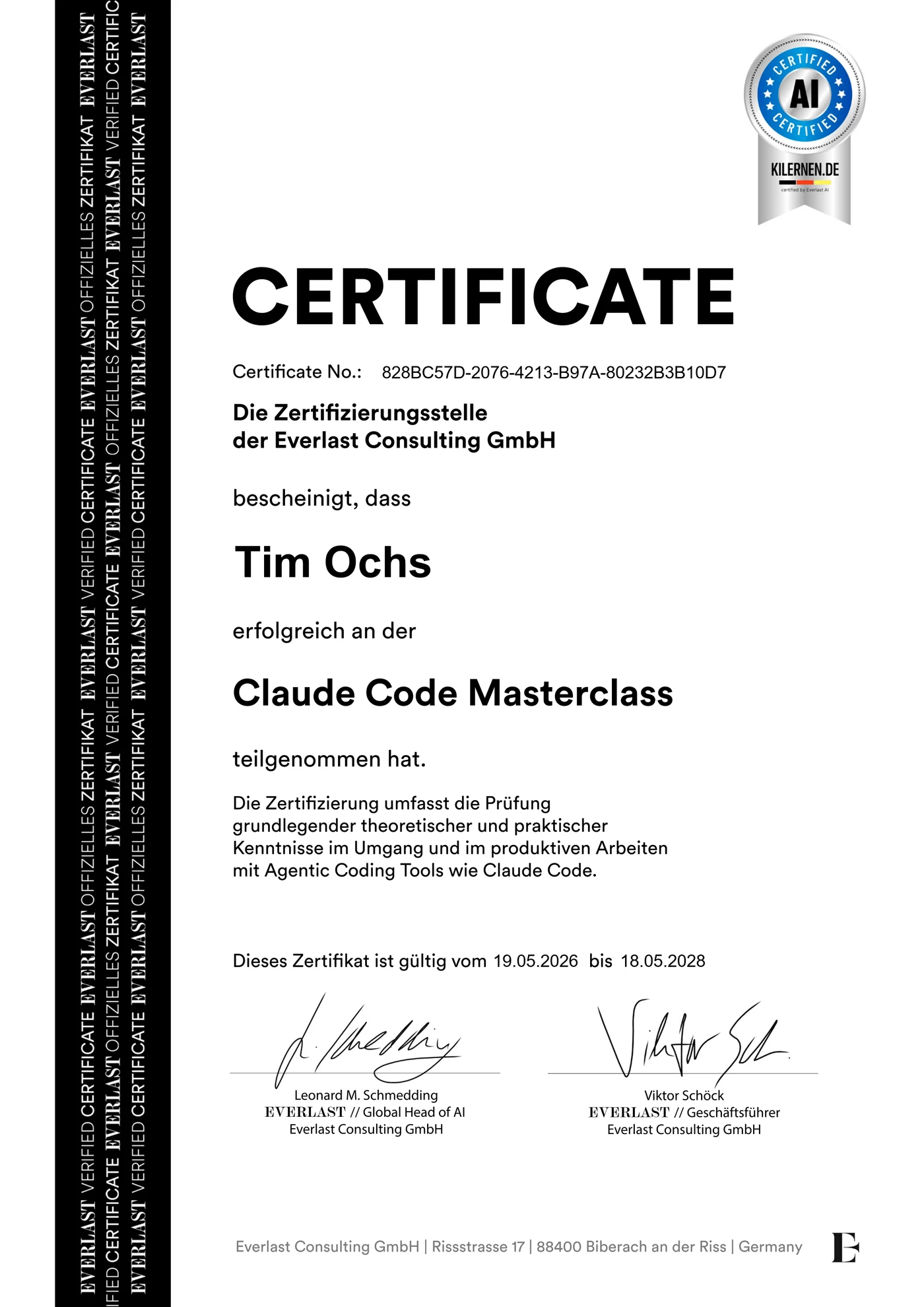 Everlast Consulting Zertifikat: Claude Code Masterclass – Tim Ochs