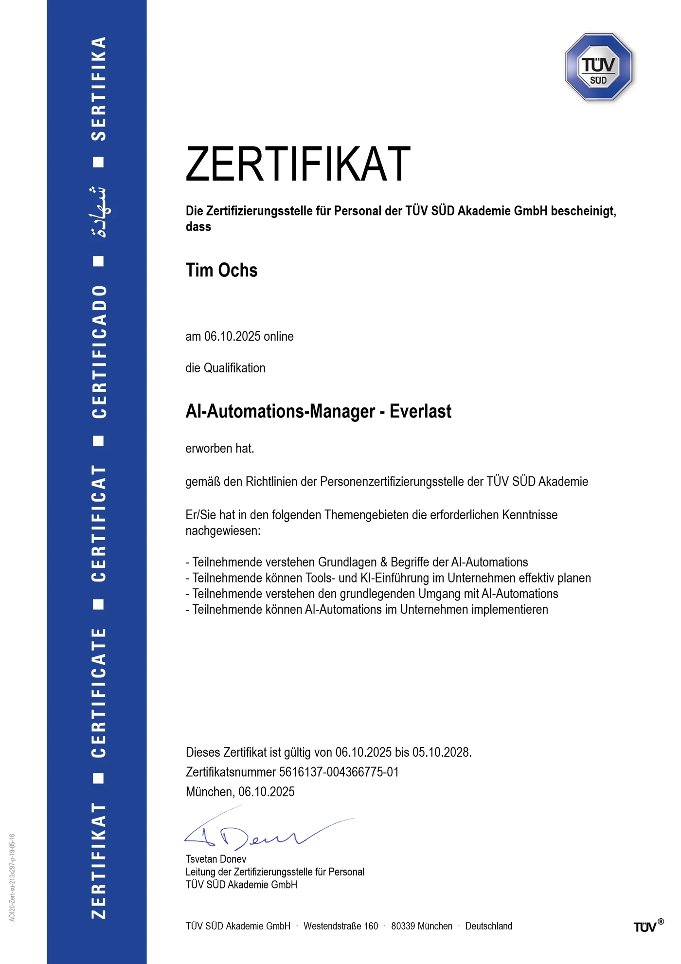 TÜV SÜD Zertifikat: AI Automation Manager – Tim Ochs